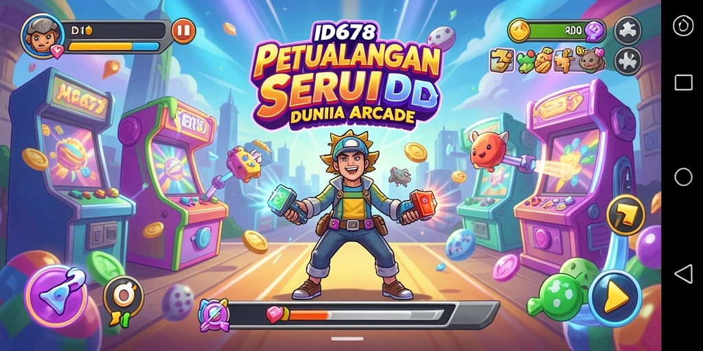 Tampilan antarmuka ID678 dengan warna cerah dan karakter unik.