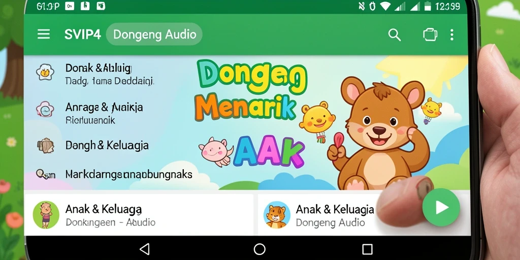 Tampilan antarmuka aplikasi Dongeng Audio SVIP4 yang user-friendly.