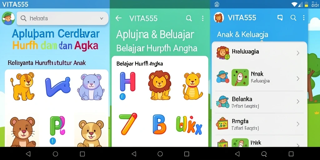 Antarmuka aplikasi VITA555 yang interaktif untuk belajar huruf dan angka.